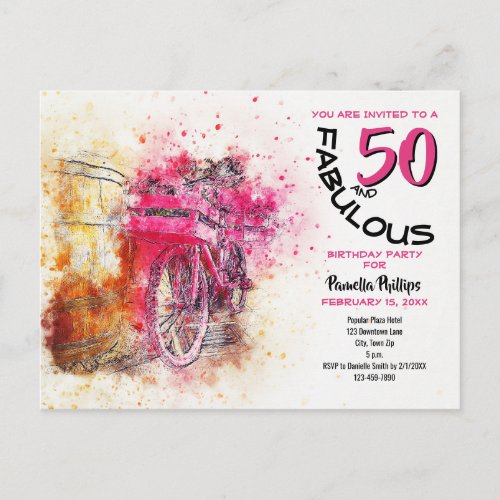 Girly Bicycle 50 and Fabulous Birthday Invitation Postcard