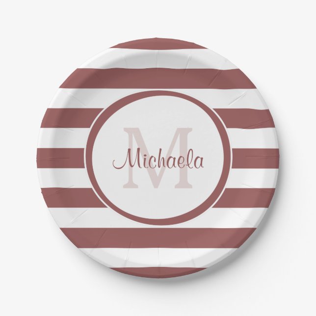 Girly Big Marsala Stripes With Name and Monogram Paper Plates (Front)