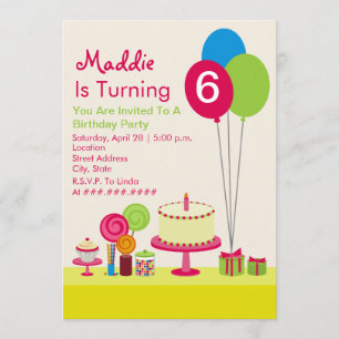 Girly Birthday Party - Cake Balloons Candy Cupcake Invitation