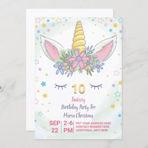 Girly Birthday With Unicorn Party Invitation