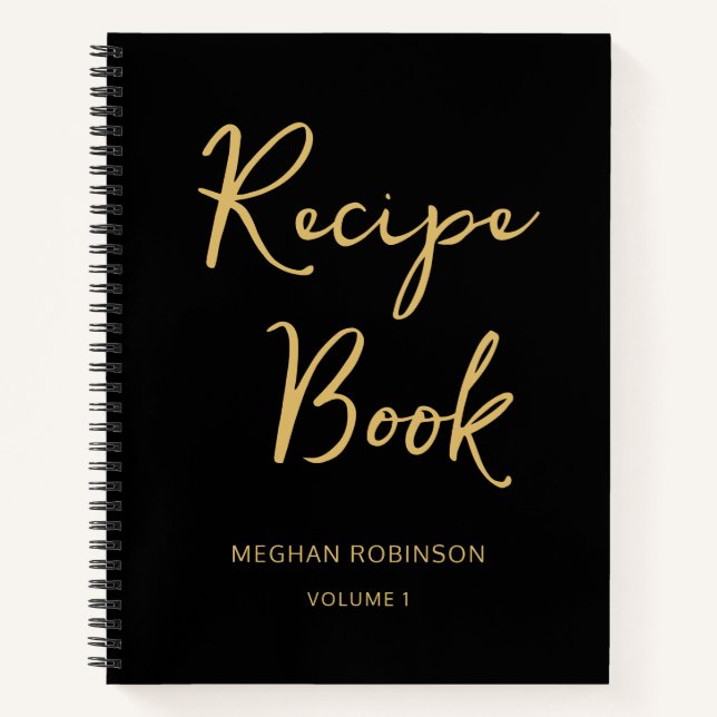 Girly Black And Gold Cookbook Recipe Script Note Notebook (Front)