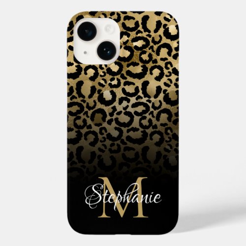 Girly Black and Gold Leopard Ombre Monogram Case_Mate iPhone 14 Case