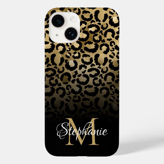 Girly Black and Gold Leopard Ombre Monogram Case-Mate iPhone Case (Back)