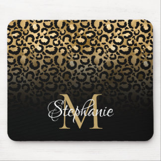 Girly Black and Gold Leopard Ombre Monogram Mouse Pad