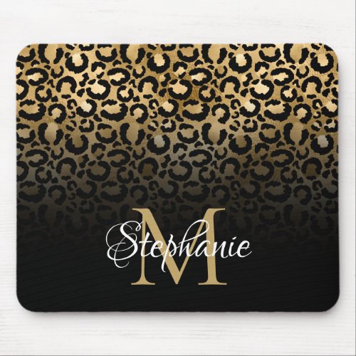 Girly Black and Gold Leopard Ombre Monogram Mouse Pad