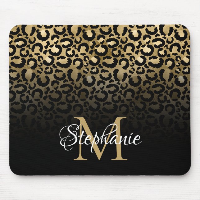 Girly Black and Gold Leopard Ombre Monogram Mouse Pad (Front)