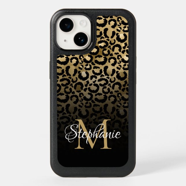 Girly Black and Gold Leopard Ombre Monogram Otterbox iPhone Case (Back)