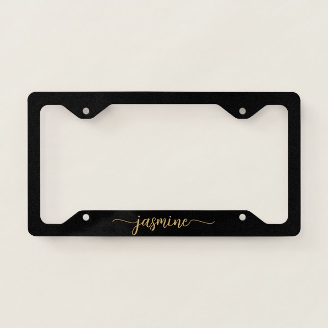 Girly Black And Gold Name Signature Script License Plate Frame (Front)