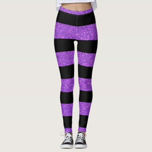 Girly Black And Purple Glitter Stripes Womens  Leggings