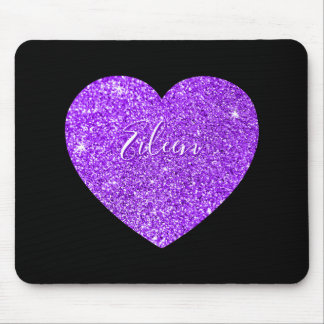 Girly Black and Purple Sparkly Faux Glitter Heart Mouse Pad