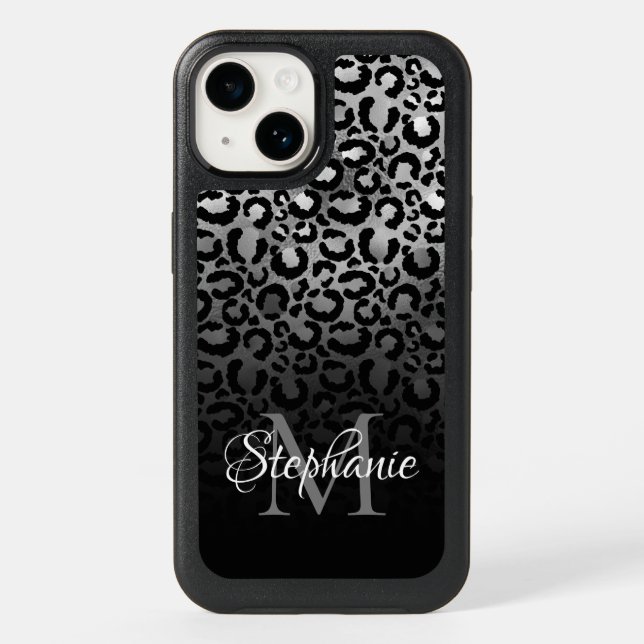 Girly Black and Silver Leopard Ombre Monogram Otterbox iPhone Case (Back)