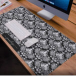 Girly black and white damasks pattern monogram desk mat<br><div class="desc">The elegant girly white vintage floral damask pattern over the black custom background color may be easily customized by changing the black background color. Chege the monogram text,  or you may delete it.</div>