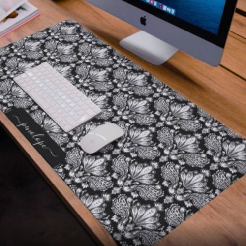 Girly black and white damasks pattern monogram desk mat