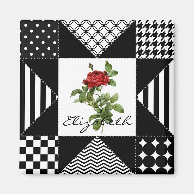Girly Black and White Geometric Red Rose With Name Magnet (Front)