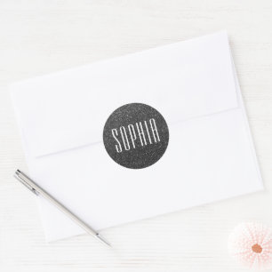 Girly Black and White Glitter Name Cute Sparkle Classic Round Sticker