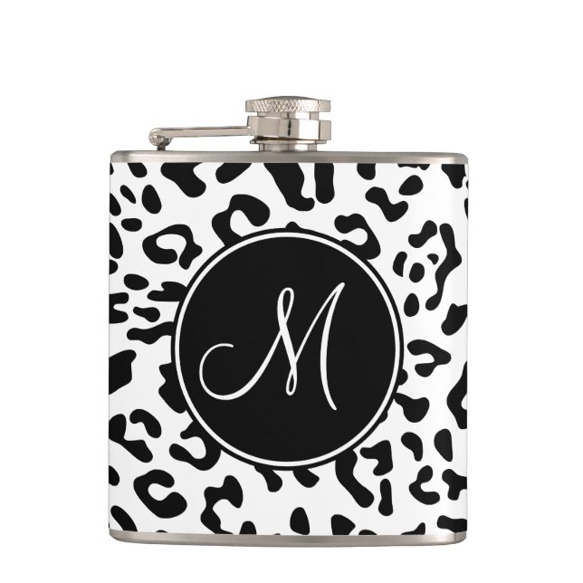 Girly Black and White Leopard Spot Monogram Flask (Front)