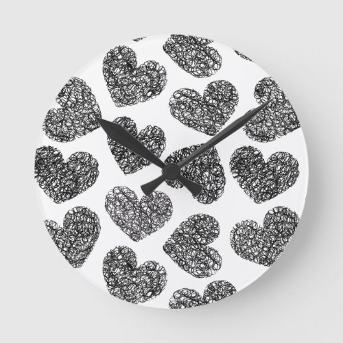 Girly black and white love hearts pattern round clock