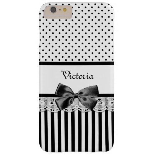 Girly Black and White Polka Dot Stripes With Name Barely There iPhone 6 Plus Case