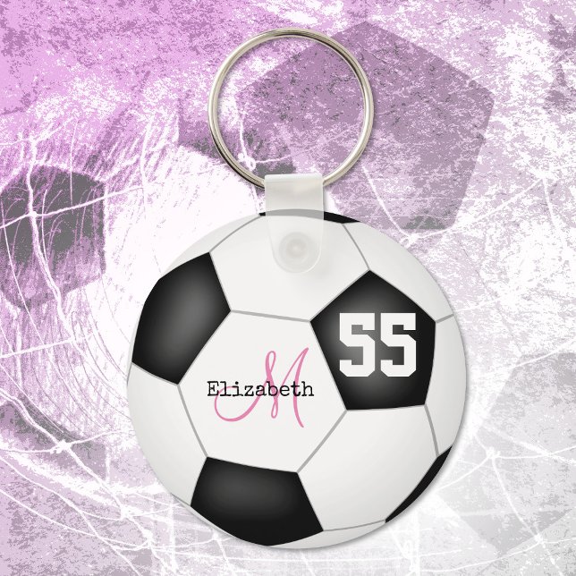 girly black and white soccer ball personalized keychain (Creator Uploaded)