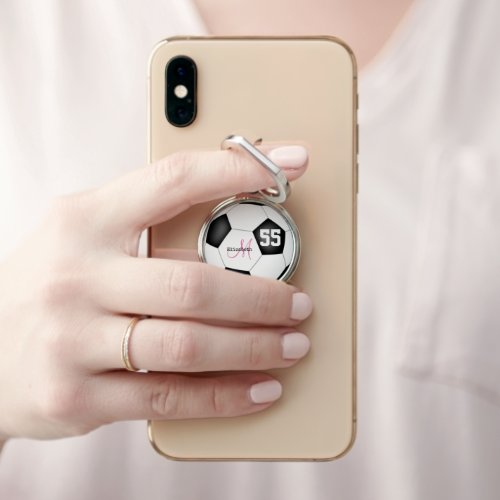 girly black and white soccer ball personalized phone ring stand