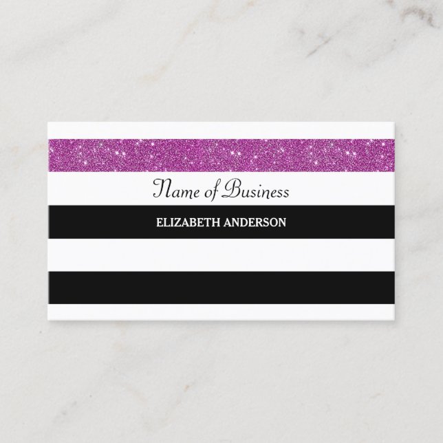 Girly Black and White Stripes Purple FAUX Glitz Business Card (Front)