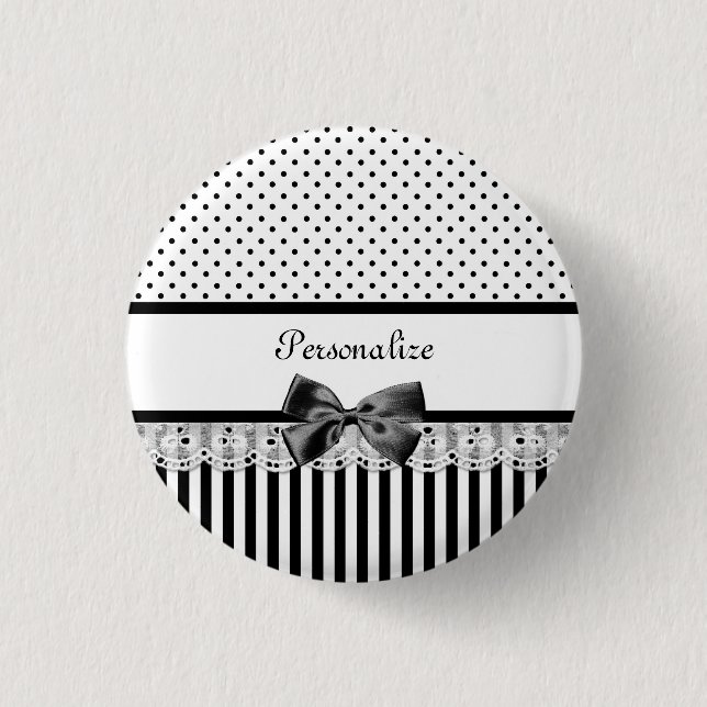 Girly Black and White Victorian Stripes With Name Button (Front)