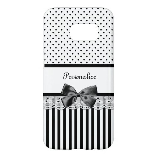 Girly Black and White Victorian Stripes With Name Samsung Galaxy S7 Case