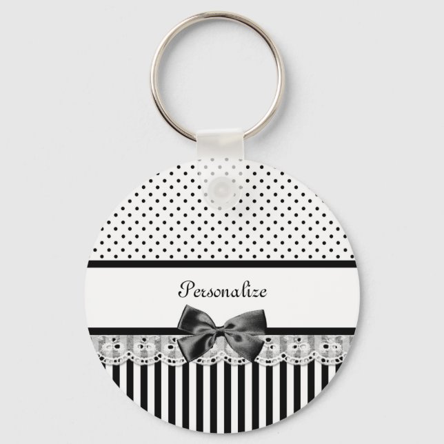 Girly Black and White Victorian Stripes With Name Keychain (Front)