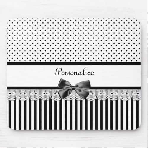 Girly Black and White Victorian Stripes With Name Mouse Pad