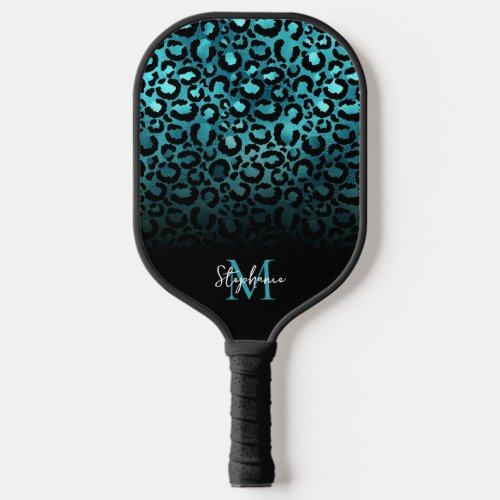 Girly Black Blue Teal Leopard Ombre Monogram Pickleball Paddle