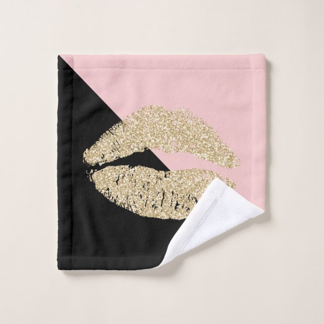 Girly Black Blush Pink Chic Glitter Lips Bath Towel Set (Wash Cloth)