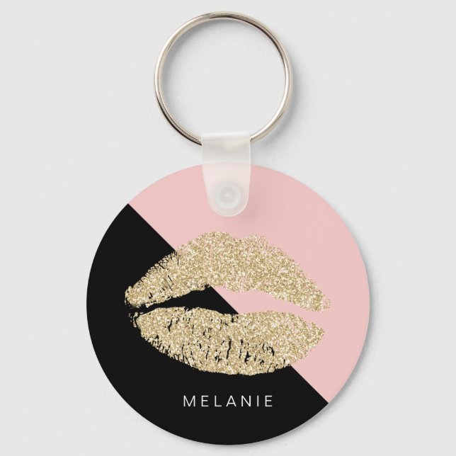 Girly Black Blush Pink Chic Glitter Lips Keychain (Front)