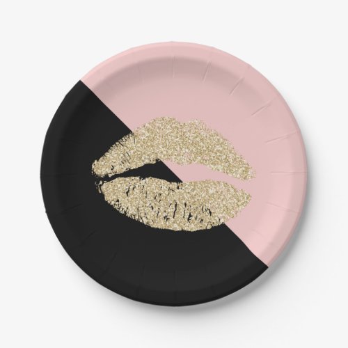 Girly Black Blush Pink Chic Glitter Lips Paper Plates