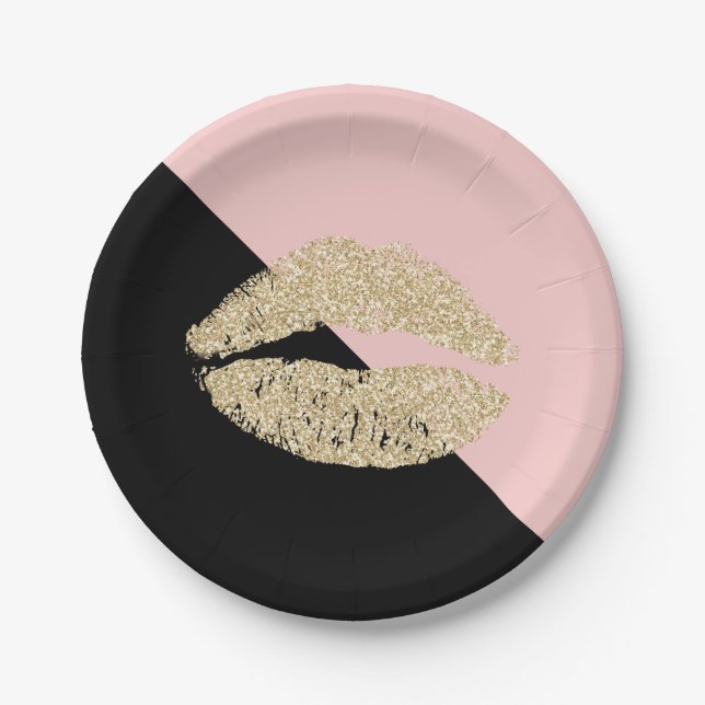 Girly Black Blush Pink Chic Glitter Lips Paper Plates (Front)