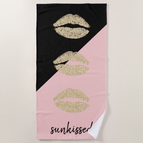 Girly Black Blush Pink Chic Glitter Lips Sunkissed Beach Towel