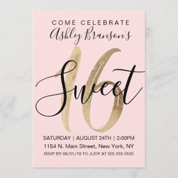 Girly Black Blush Pink Gold Foil Sweet 16 Invitation by I_Invite_You at Zazzle
