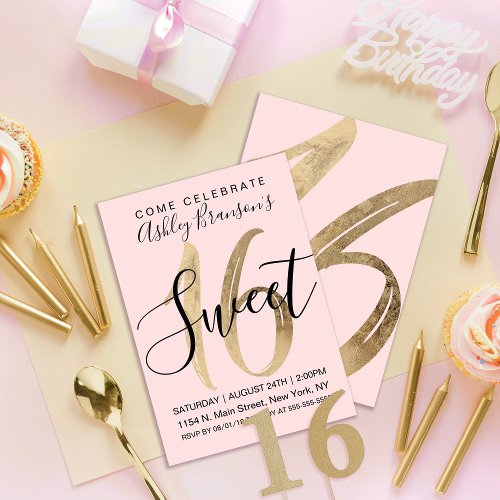 Girly Black Blush Pink Gold Foil Sweet 16 Invitation