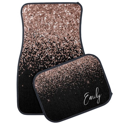 Girly Black Blush Pink Rose Gold Glitter Monogram Car Floor Mat