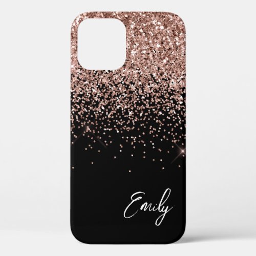 Girly Black Blush Pink Rose Gold Glitter Monogram iPhone 12 Case