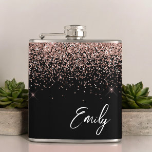 Girly Black Blush Pink Rose Gold Glitter Monogram Flask