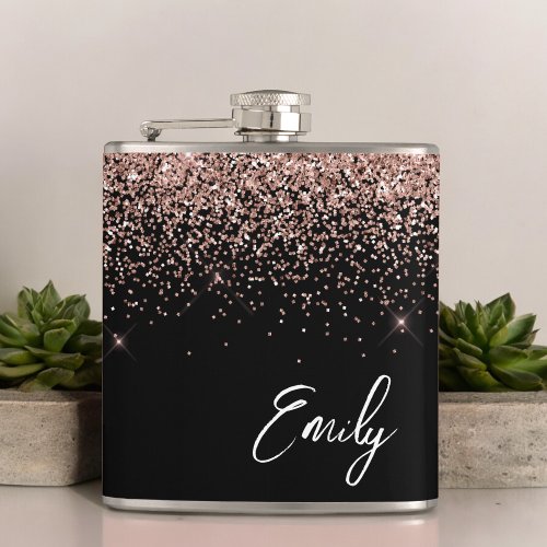 Girly Black Blush Pink Rose Gold Glitter Monogram Flask