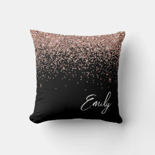 Girly Black Blush Pink Rose Gold Glitter Monogram Throw Pillow