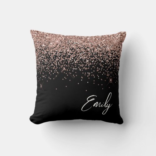 Girly Black Blush Pink Rose Gold Glitter Monogram Throw Pillow