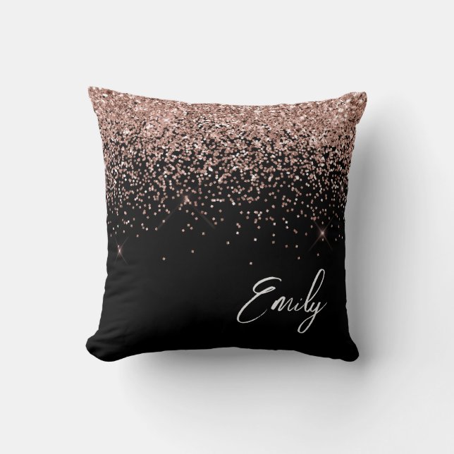Girly Black Blush Pink Rose Gold Glitter Monogram Throw Pillow (Front)