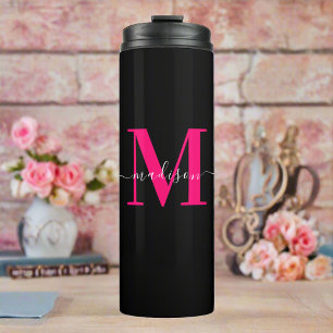 Girly Black & Bold Hot Pink Monogram Initial Thermal Tumbler