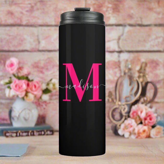 Girly Black & Bold Hot Pink Monogram Initial  Thermal Tumbler (Creator Uploaded)