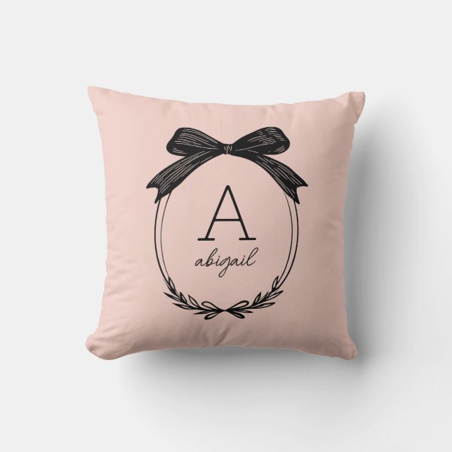Girly Black Bow Modern Script Blush Pink Monogram Throw Pillow (Front)
