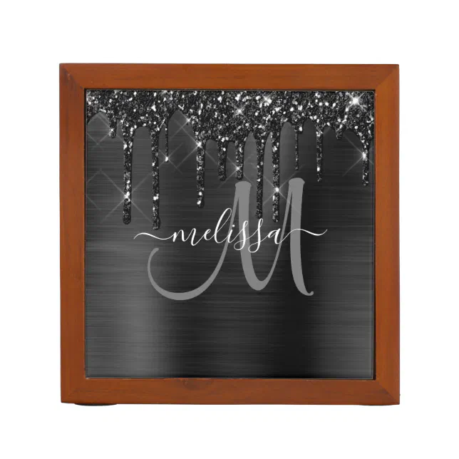 Girly Black Brushed Metal Dripping Glitter Name Desk Organizer Zazzle