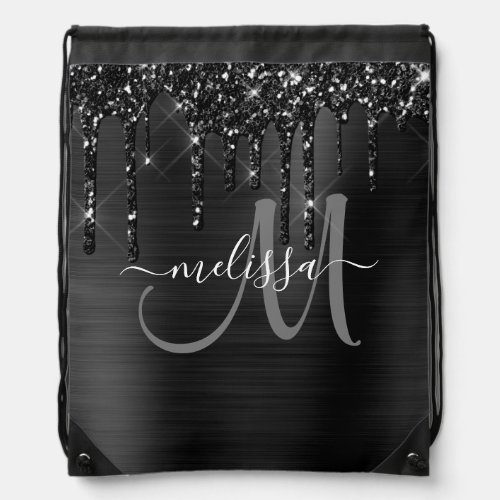 Girly Black Brushed Metal Dripping Glitter Name Drawstring Bag