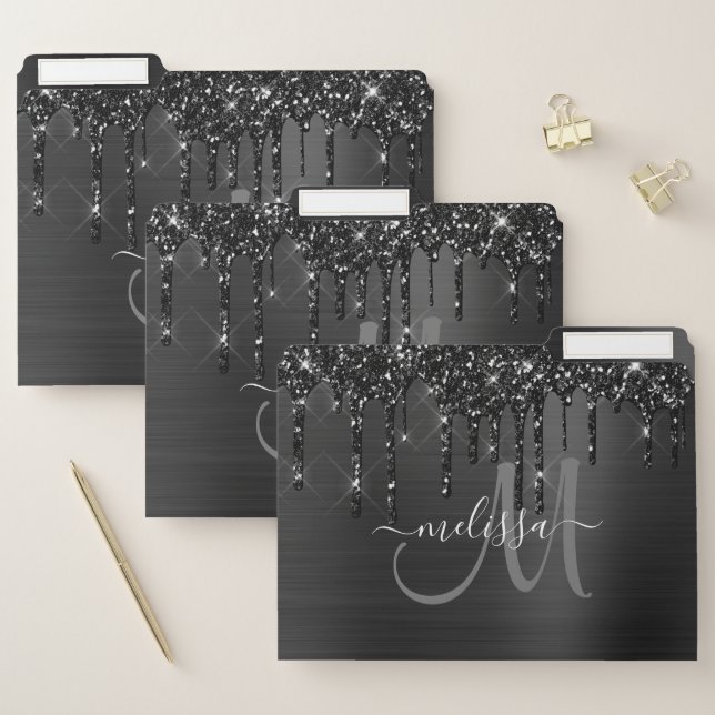 Girly Black Brushed Metal Dripping Glitter Name File Folder (Set)